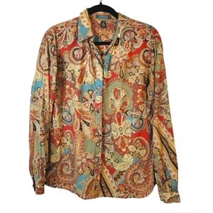 Lauren Ralph Lauren Cotton Button Up Tan with Rust and Blue Paisley Print Sz Med